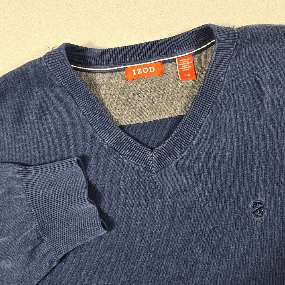 IZOD Mens Large Blue Sweater V-Neck Pullover Long Sleeve Cotton Knit